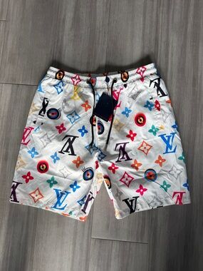 Louis Vuitton White Multicolor Monogram Swim Shorts (XL)